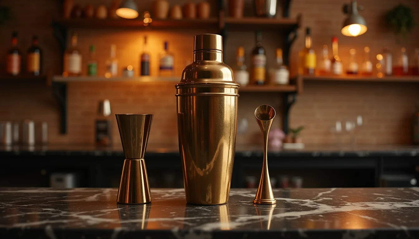shaker en laiton, jigger et cuillère de bar sur marbre sombre a Lille