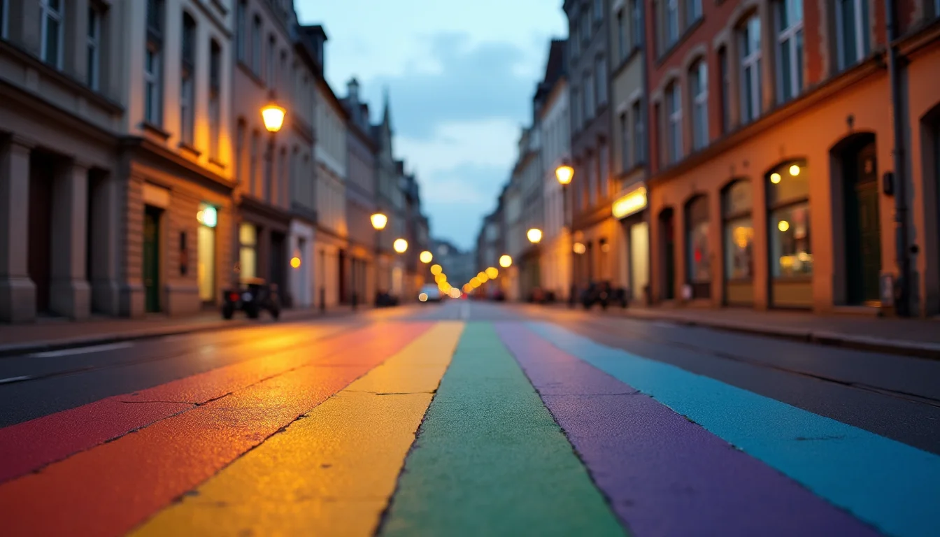 passage piéton arc-en-ciel sur une rue de vieille ville au crépuscule a Lille