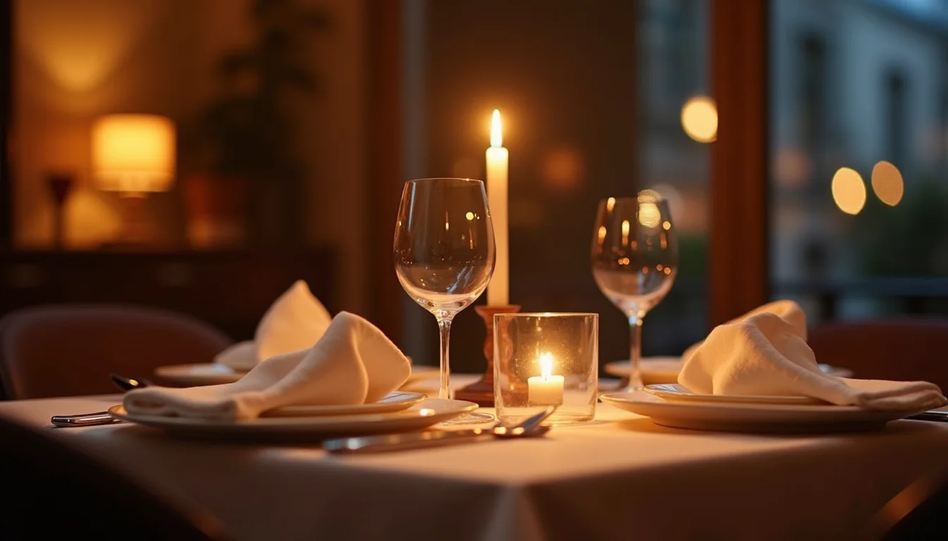 table de dîner aux chandelles dressée pour deux, lumière chaude du soir a Lille
