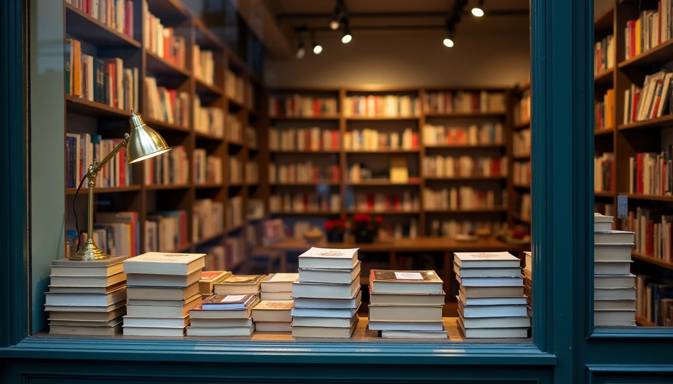 vitrine de librairie independante remplie de livres, lampe en laiton a Lille