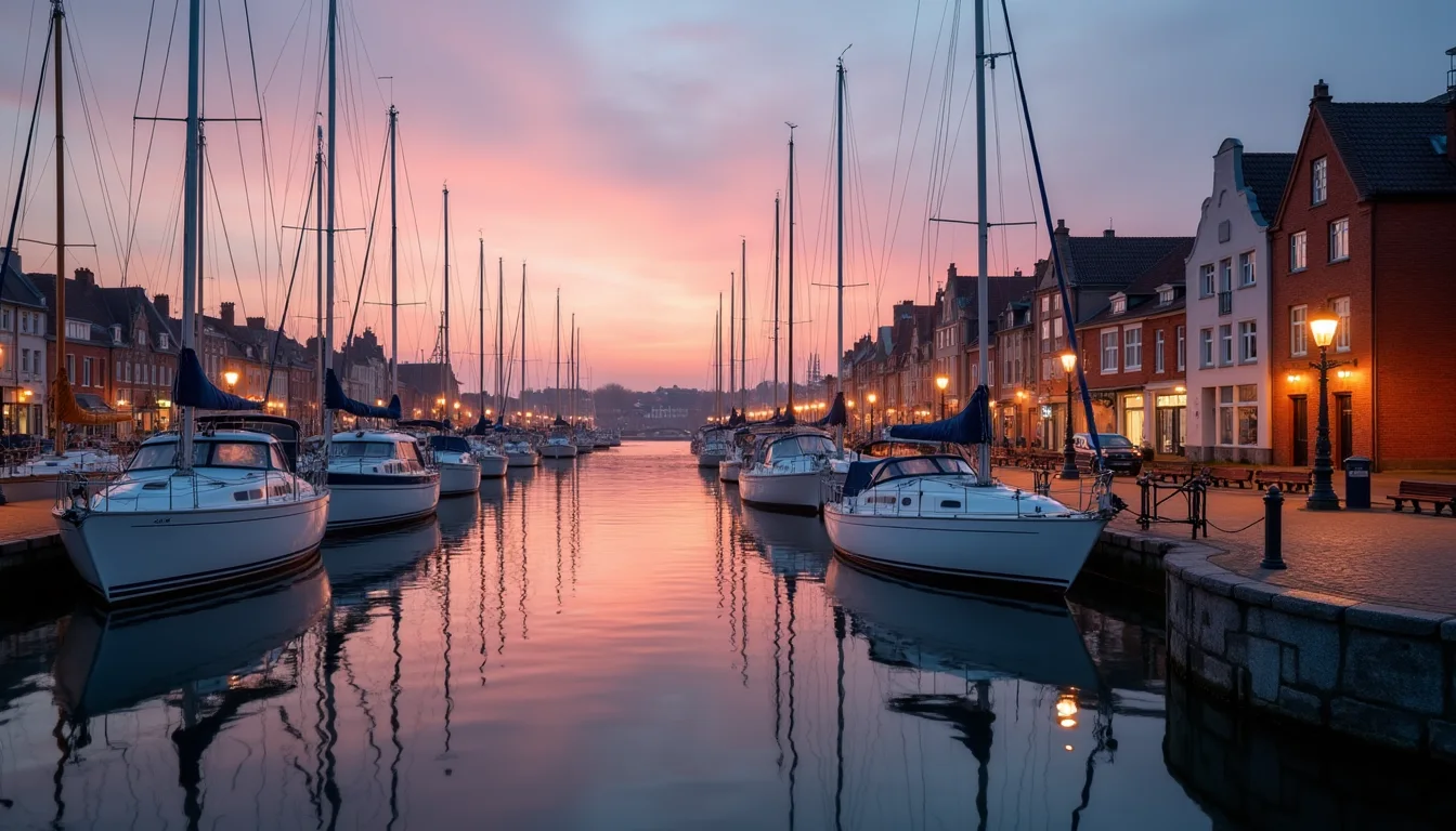 quai de port au crépuscule, voiliers amarrés et reflets sur l'eau calme a Lille