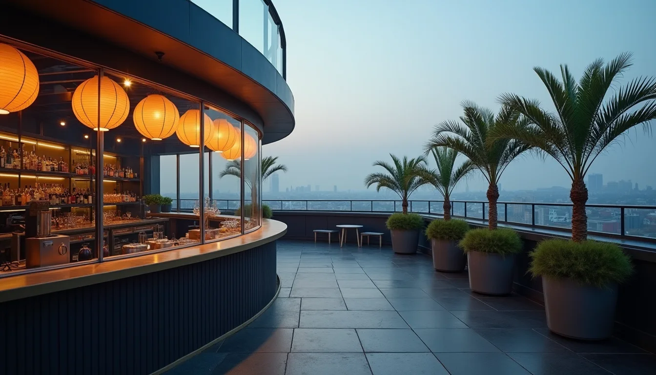 bar en rooftop au verre courbe surplombant la ville, crepuscule ambre a Lille