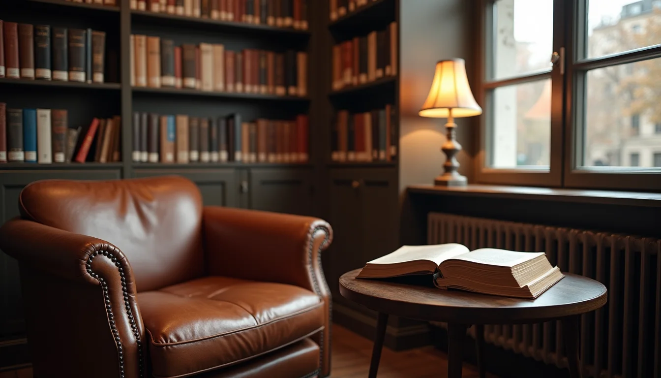 coin lecture de bibliothèque, fauteuil en cuir et pile de livres a Lille