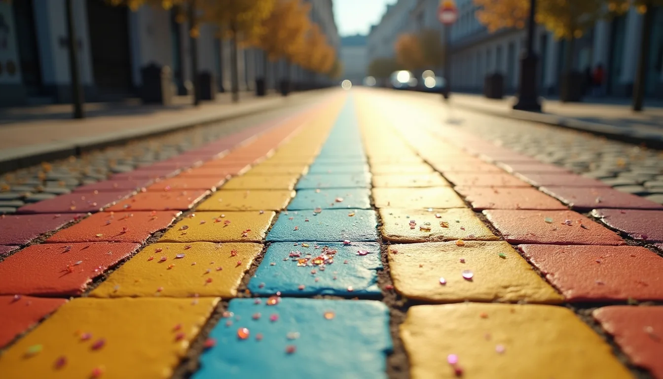 passage piéton arc-en-ciel sur pavés, paillettes scintillant au soleil a Lille