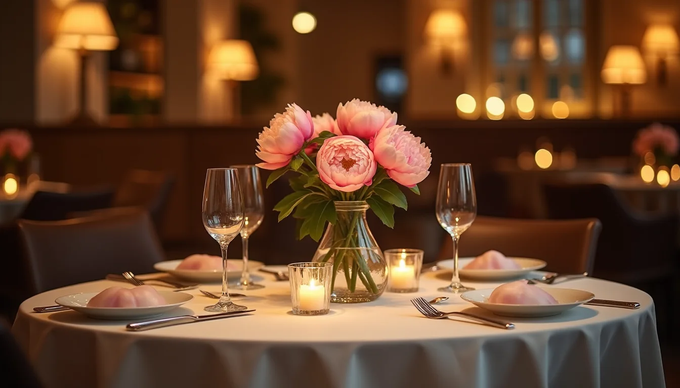 petit bouquet de pivoines dans une carafe sur une table de restaurant a Lille