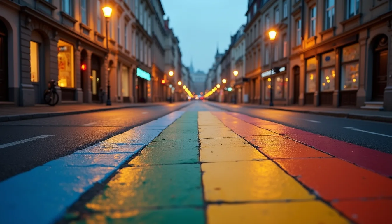 passage piéton arc-en-ciel sur une rue de vieille ville au crépuscule a Lille