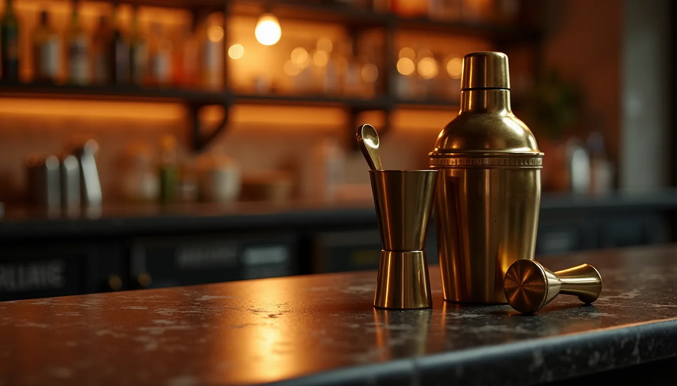 shaker en laiton, jigger et cuillère de bar sur marbre sombre a Lille