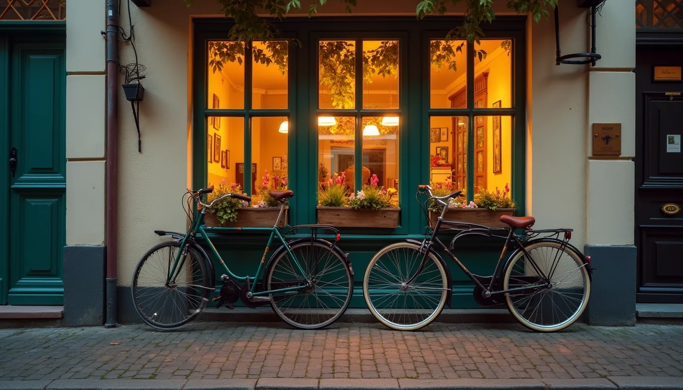 deux vélos vintage contre une façade colorée, rue pavée au crépuscule a Lille