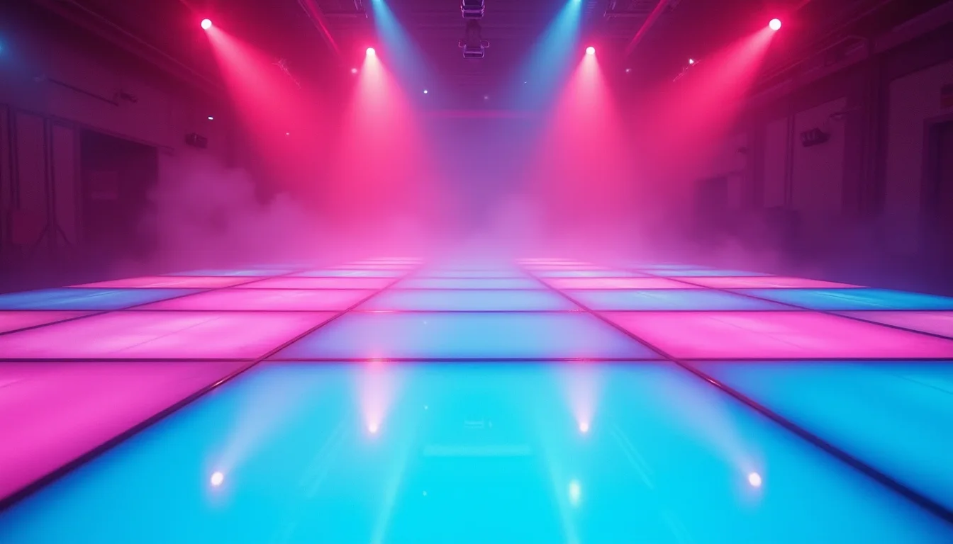 piste de danse au néon, carrés réfléchissants magenta et cyan a Lille